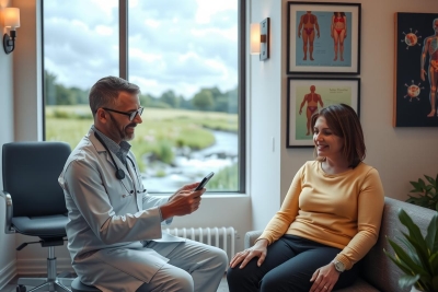 The image shows an interior medical office with a male doctor and a female patient. The doctor is dressed in professional attire, holding a tablet while examining the woman, who seems to be providing information or going through a health check-up.