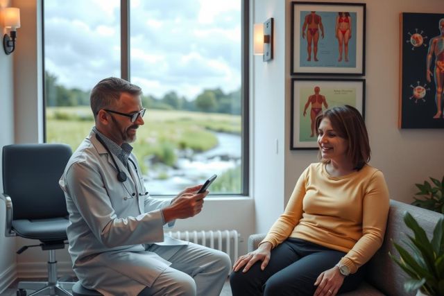 The image shows an interior medical office with a male doctor and a female patient. The doctor is dressed in professional attire, holding a tablet while examining the woman, who seems to be providing information or going through a health check-up.