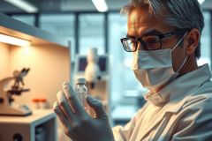 Scientist in lab coat and mask examines a vial, likely conducting research or analysis. The image showcases a laboratory setting with equipment visible in the background.