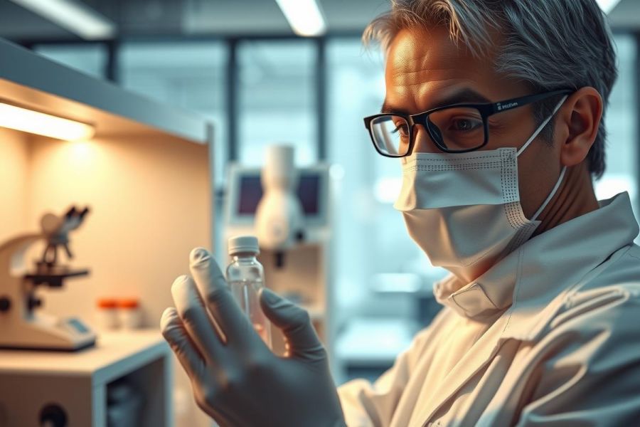 Scientist in lab coat and mask examines a vial, likely conducting research or analysis. The image showcases a laboratory setting with equipment visible in the background.