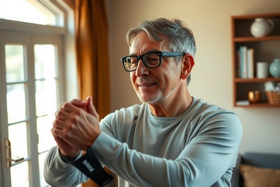 The image features an older man in a home setting, wearing glasses and a gray sweatshirt. He is holding his hands together as if he has just finished exercising or meditating.