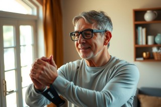 The image features an older man in a home setting, wearing glasses and a gray sweatshirt. He is holding his hands together as if he has just finished exercising or meditating.