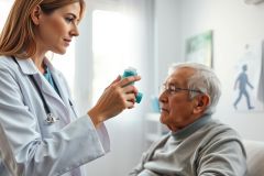 Healthcare scene: A female doctor in a white coat assists an elderly man with an inhaler. The setting appears to be a medical office or home environment. Warm, natural lighting and a focus on patient care. Keywords: doctor, patient, inhaler, healthcare, elderly, medical.