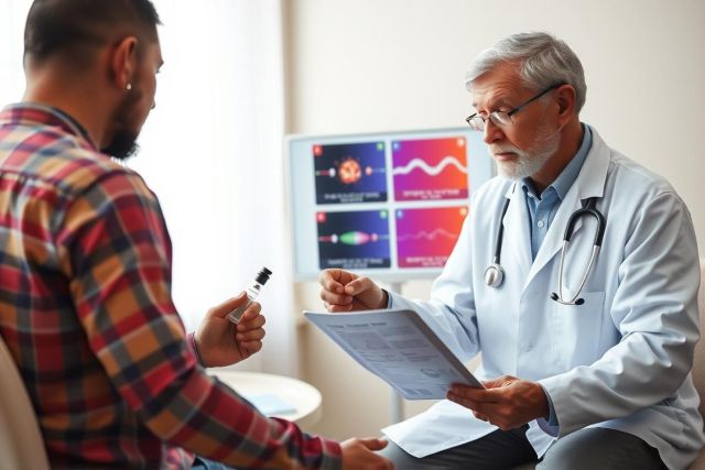 The image depicts a doctor in his medical office, wearing a white coat and glasses. He is seated at a desk that has multiple monitors displaying medical data or patient information. The doctor appears to be in conversation with a male patient who is sitting across from him, holding some papers, possibly receiving instructions or discussion the treatment plan.