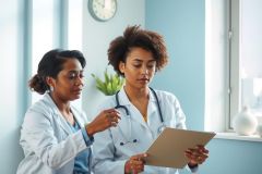 Two female doctors in white coats examine a tablet, likely reviewing patient data. The setting appears to be a medical office or clinic with a bright, clean environment.