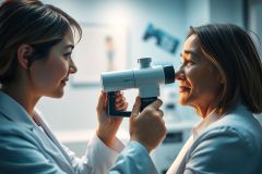Medical examination: A healthcare professional uses an otoscope to examine a patient's nasal cavity in a bright, modern clinic. Focus on diagnostic assessment and ENT care. White coats and neutral tones dominate the scene, highlighting a professional medical setting.