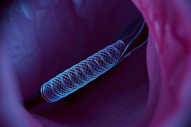 Medical illustration of a blue IVC filter deployed within a pink vein. Shows endovascular intervention, highlighting a metallic filter device used in vascular medicine. Healthcare, medical technology, and procedural imagery.