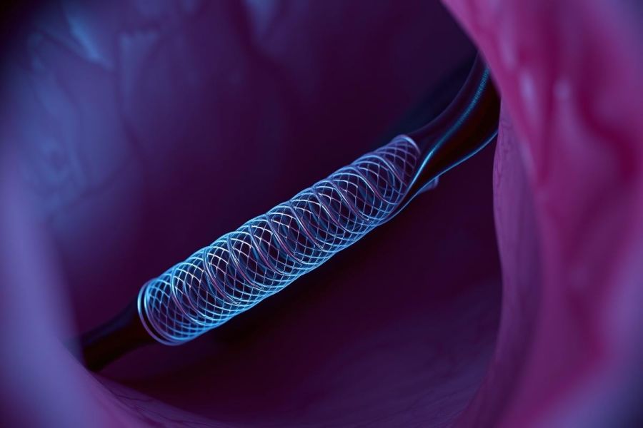 Medical illustration of a blue IVC filter deployed within a pink vein. Shows endovascular intervention, highlighting a metallic filter device used in vascular medicine. Healthcare, medical technology, and procedural imagery.