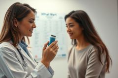 Doctor explaining inhaler usage to a patient in a bright, modern clinic setting. The healthcare professional, wearing a white coat and stethoscope, demonstrates the device. Focus on medical consultation, respiratory health, and patient care. Blue and white tones dominate the scene.