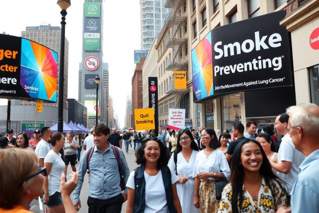 The image captures a vibrant city scene with people standing on the sidewalk, many holding umbrellas. The backdrop features large buildings and billboards advertising products and services. A prominent advertisement for 'Smoke Prevention' is visible in the background, adding to the urban atmosphere of the setting.
