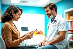 Doctor consults with a patient in a bright, modern clinic. The doctor, wearing a white coat, is reviewing a tablet while the patient looks on. The scene highlights healthcare, medical consultation, and technology in a clinical setting.