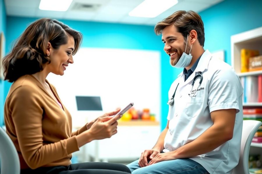 Doctor consults with a patient in a bright, modern clinic. The doctor, wearing a white coat, is reviewing a tablet while the patient looks on. The scene highlights healthcare, medical consultation, and technology in a clinical setting.