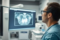 Doctor examining a chest X-ray on a monitor in a modern medical facility. Blue scrubs, glasses, and a focused expression suggest healthcare professional reviewing diagnostic imaging. Clinical setting with cool lighting and technological equipment.