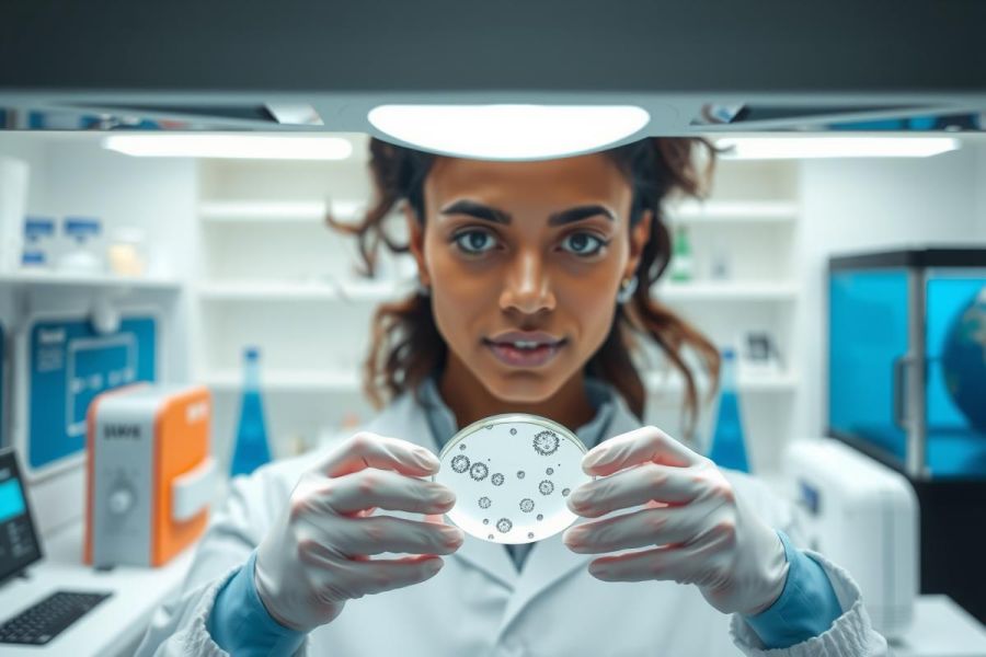 Scientist in a lab coat holds a petri dish with bacteria. Research, microbiology, and scientific discovery in a clean, modern laboratory setting. White background with blue and orange equipment.