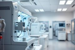 Modern laboratory interior with scientific equipment. Focus on a complex machine with digital display, set against a backdrop of similar lab devices and clean, bright white walls. Science, research, and technology theme.