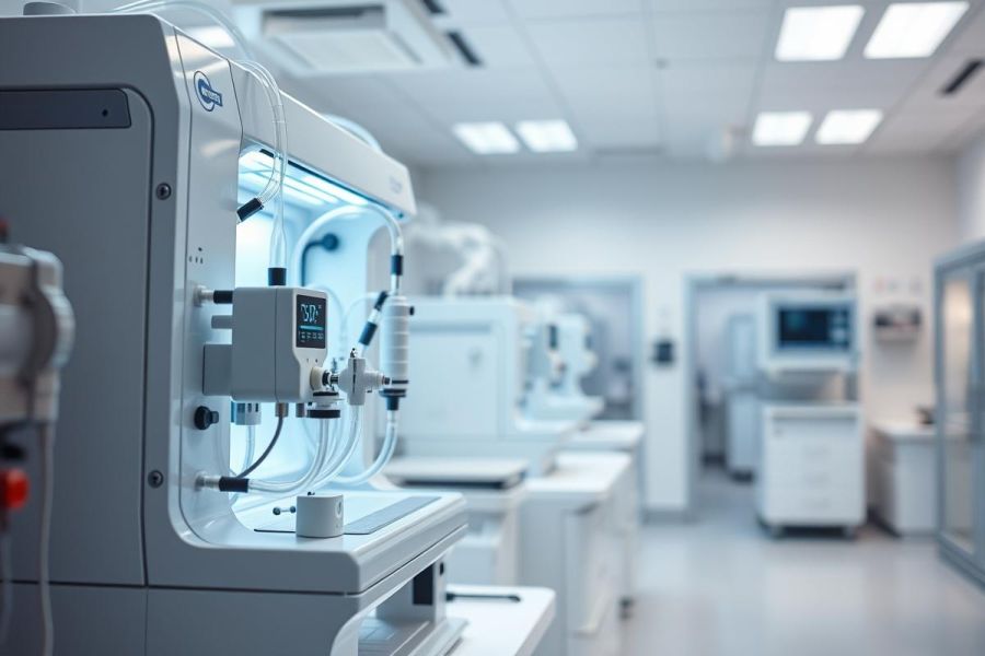 Modern laboratory interior with scientific equipment. Focus on a complex machine with digital display, set against a backdrop of similar lab devices and clean, bright white walls. Science, research, and technology theme.