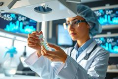 Scientist in lab coat examines a test tube with blue liquid, illuminated by lab equipment. Focus is on scientific research and analysis in a bright, modern environment. 
