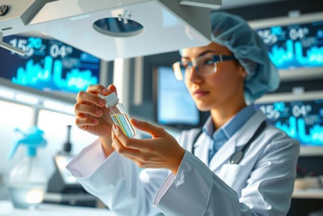 Scientist in lab coat examines a test tube with blue liquid, illuminated by lab equipment. Focus is on scientific research and analysis in a bright, modern environment. 