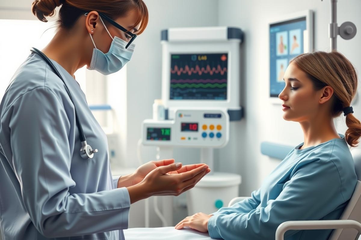 The image captures a medical scene featuring two women, one likely a doctor and the other a patient. They are seated in a well-equipped medical room with various medical devices such as an ECG monitor on the wall.