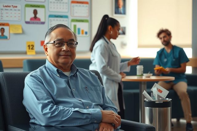 In this image, we see a man sitting comfortably in an office setting with blue walls and decorations. He's wearing glasses and appears to be looking at something or someone not visible in the frame. In front of him on a desk is a cup. There are other people present in the background who seem engaged in various activities, suggesting a bustling work environment. 