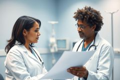 Two doctors, one Black and one Hispanic, in white coats and stethoscopes, reviewing medical documents in a modern hospital setting. Blue walls and medical equipment are visible. Healthcare professionals, patient care, consultation.