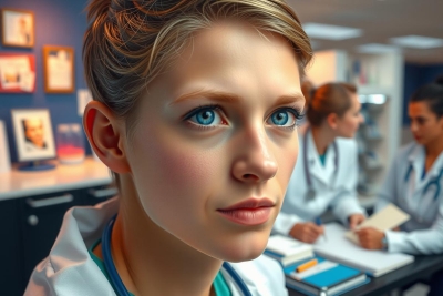 The image shows a woman with blonde hair, wearing a blue medical coat and stethoscope around her neck. She is sitting at a desk in an office environment, surrounded by other individuals dressed similarly, suggesting a professional setting such as a healthcare clinic or hospital.