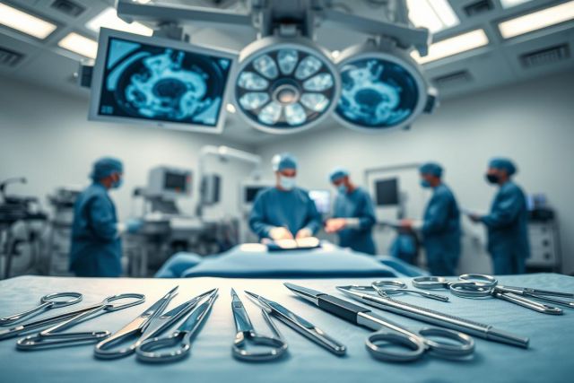 Surgical scene in a modern operating room. Medical professionals in blue scrubs perform a procedure under bright overhead lights. Surgical instruments are arranged on a sterile blue surface. X-ray image visible. Healthcare, surgery, medical equipment, hospital setting.