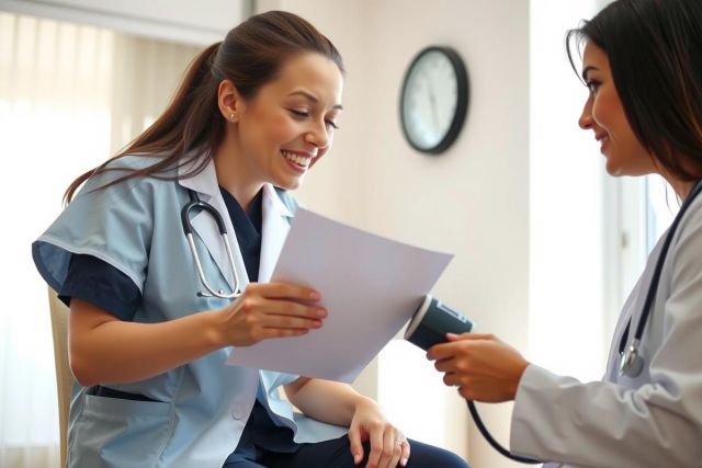 Doctor examining a patient in a clinical setting. The doctor is wearing a stethoscope and reviewing paperwork while the patient sits comfortably. Healthcare, medical checkup, consultation, doctor patient relationship.