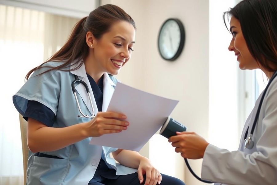 Doctor examining a patient in a clinical setting. The doctor is wearing a stethoscope and reviewing paperwork while the patient sits comfortably. Healthcare, medical checkup, consultation, doctor patient relationship.