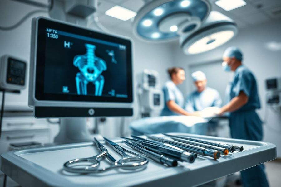 Surgical operating room scene with medical instruments, an X-ray display, and healthcare professionals in blue scrubs. Sterile environment, bright lighting, and focus on surgical tools for orthopedic procedures.