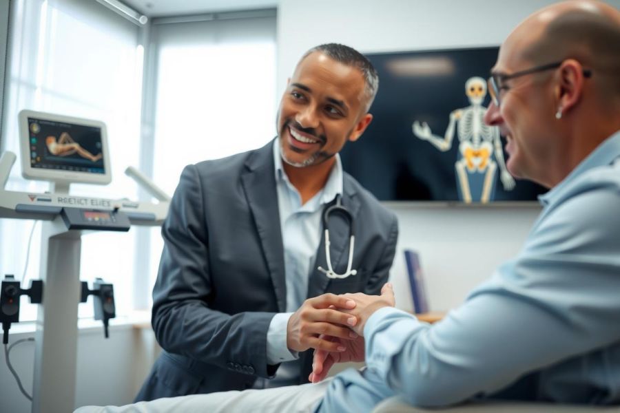 Doctor examining a patient in a medical clinic. The doctor wears a suit and stethoscope, with an X-ray image visible in the background. A healthcare consultation scene.