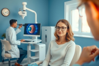 This image portrays a healthcare setting where a female patient is seated in an examination chair, looking at the camera. A medical professional stands on one side of her chair, engaged in conversation or possibly explaining treatment options. They are all surrounded by professional medical equipment such as a dental x-ray machine and a computer screen displaying images. The environment appears clean and well-lit, indicative of a modern healthcare clinic.