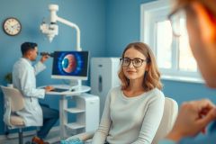 This image portrays a healthcare setting where a female patient is seated in an examination chair, looking at the camera. A medical professional stands on one side of her chair, engaged in conversation or possibly explaining treatment options. They are all surrounded by professional medical equipment such as a dental x-ray machine and a computer screen displaying images. The environment appears clean and well-lit, indicative of a modern healthcare clinic.