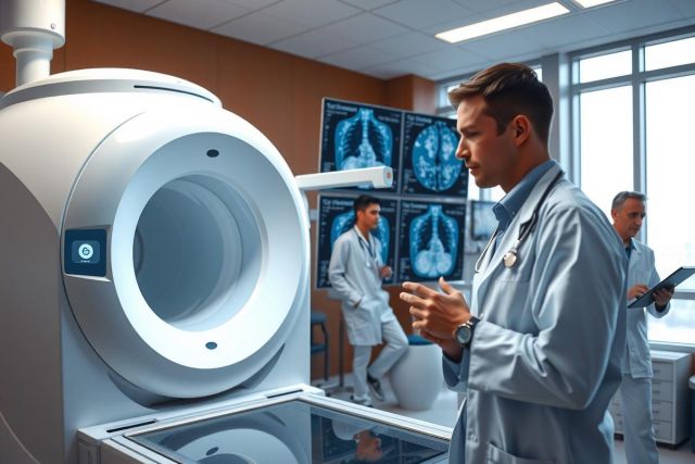 Image showcases modern medical imaging center. In the foreground, a male radiologist in scrubs is examining images displayed on a large digital screen. Behind him, two other radiologists are present, each engaged with their tasks, suggesting collaborative work environment. 