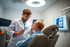 Doctor examining a patient with a handheld magnifying glass in a medical office. Healthcare professional in white coat, focused on patient's eye. Clinical setting, bright lighting.