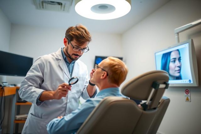 Doctor examining a patient with a handheld magnifying glass in a medical office. Healthcare professional in white coat, focused on patient's eye. Clinical setting, bright lighting.