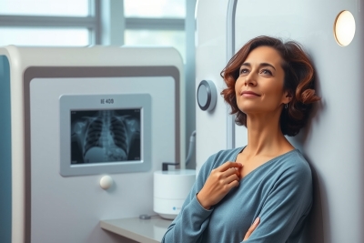 A woman in a blue shirt stands next to an X-ray machine. The X-ray screen has a picture of a heart on it and the letters N 10 are on the bottom left corner. To the right, there is a small white speaker. The backdrop is a blurred image of a hospital room with medical equipment visible. The woman appears to be waiting for her turn or perhaps admiring the technology.