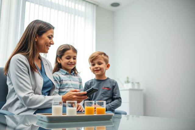 A smiling mother and two young children share a moment in a bright, modern kitchen. They are looking at a smartphone while juice and milk sit on a tray. Family, healthy eating, technology, and domestic scene are key elements.