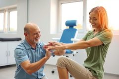 Physical therapy session. A therapist assists a patient with a leg exercise in a clinic setting. The scene features a man and a woman, natural light, and medical equipment.