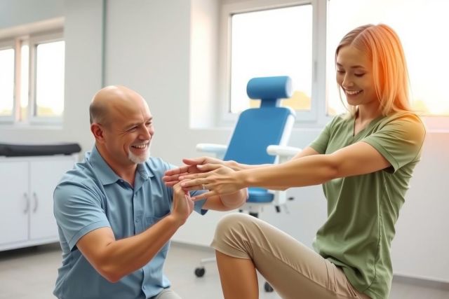Physical therapy session. A therapist assists a patient with a leg exercise in a clinic setting. The scene features a man and a woman, natural light, and medical equipment.