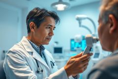 Doctor examining patient's eyes in a modern medical clinic. The scene features a professional in a white coat using an ophthalmic instrument, with a blue and white color palette highlighting the healthcare setting. Eye exam, healthcare, medical professional.