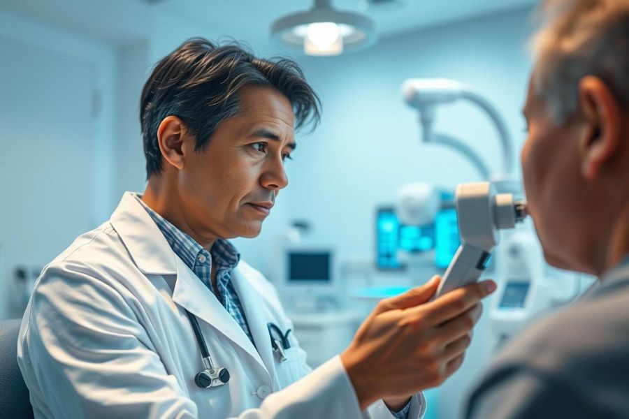 Doctor examining patient's eyes in a modern medical clinic. The scene features a professional in a white coat using an ophthalmic instrument, with a blue and white color palette highlighting the healthcare setting. Eye exam, healthcare, medical professional.
