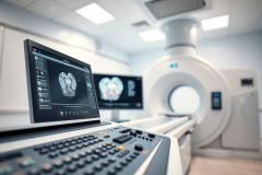 Medical imaging in a modern clinic. The image showcases a CT scan machine with monitors displaying anatomical scans, likely of the human head. Clean white walls and bright lighting create a sterile, professional environment. Focus is on diagnostic technology and healthcare.
