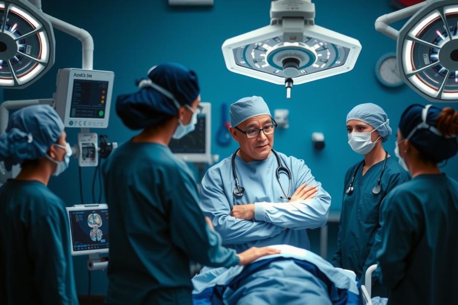 A medical team in a hospital operating room preparing for surgery. A patient is on the table, surrounded by essential medical equipment and personnel.