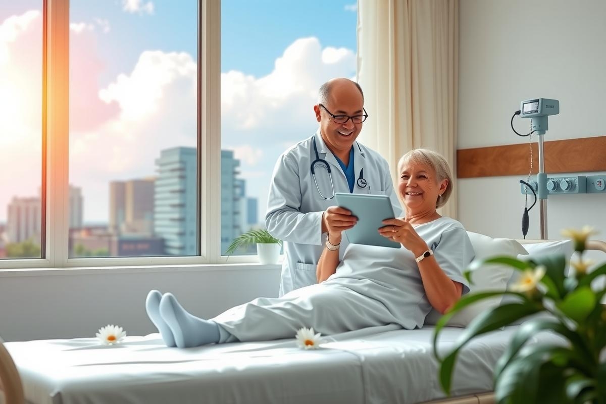 The image features a healthcare professional, likely a nurse or doctor, in a modern hospital room during daytime. They are attentively examining an elderly patient who is laying on a bed. The patient appears relaxed and comfortable with the professional's attention.