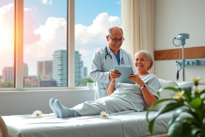 The image features a healthcare professional, likely a nurse or doctor, in a modern hospital room during daytime. They are attentively examining an elderly patient who is laying on a bed. The patient appears relaxed and comfortable with the professional's attention. 