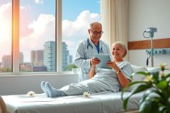 The image features a healthcare professional, likely a nurse or doctor, in a modern hospital room during daytime. They are attentively examining an elderly patient who is laying on a bed. The patient appears relaxed and comfortable with the professional's attention. 