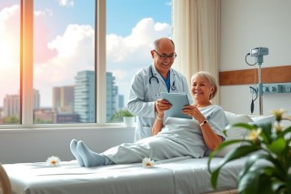 The image features a healthcare professional, likely a nurse or doctor, in a modern hospital room during daytime. They are attentively examining an elderly patient who is laying on a bed. The patient appears relaxed and comfortable with the professional's attention. 