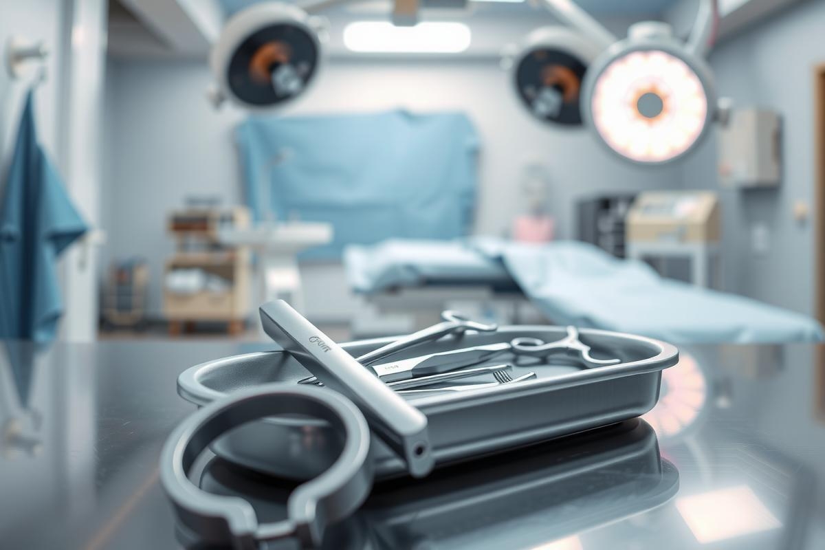 Surgical instruments in a tray on a medical table in an operating room. Focus on stainless steel tools, sterile environment, and blue background. Healthcare theme.