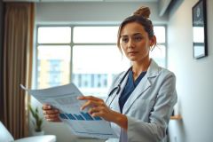 A female doctor in a white coat examines a chart in a medical office. The image showcases healthcare, diagnostics, and patient care in a modern clinical setting.